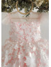 White Floral Appliques Pink Tulle V Back Flower Girl Dress White Floral Appliques Pink Tulle V Back Flower Girl Dress